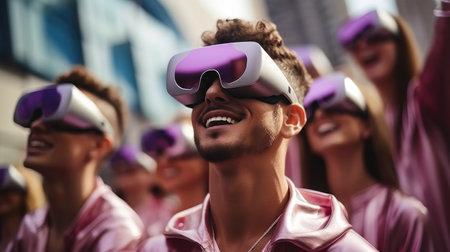 Male With Vr Glasses, Man wearing virtual reality headset surrounding at Concert Festival.の素材