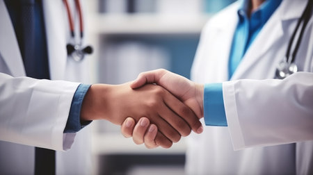 Doctor with handshake for support medical in hospital, Success concept, Healthcare.の素材