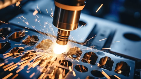 Laser CNC cut of metal with light spark.の素材