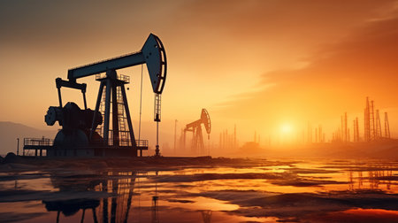 Oil and Gas Drilling Rig, Working Pumpjacks On Sunset, Pollution and environmental risks.の素材