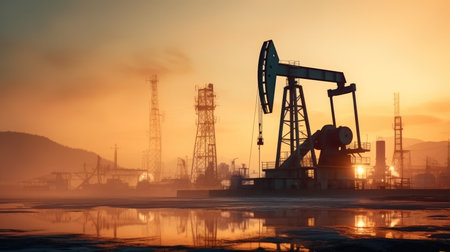 Oil and Gas Drilling Rig, Working Pumpjacks On Sunset, Pollution and environmental risks.の素材