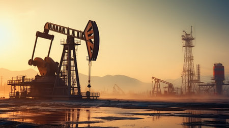 Oil and Gas Drilling Rig, Working Pumpjacks On Sunset, Pollution and environmental risks.の素材