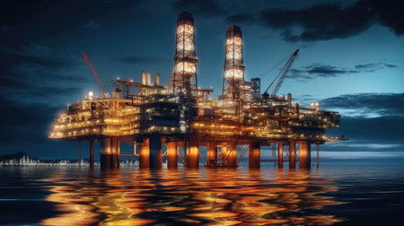 Oil and Gas Drilling Rig over Offshore Platform, Offshore oil rig at night.の素材
