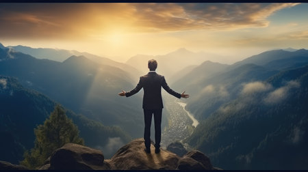 Businessman standing on top of a mountain.の素材