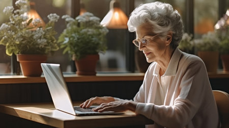 Portrait of senior woman using laptop at home.の素材