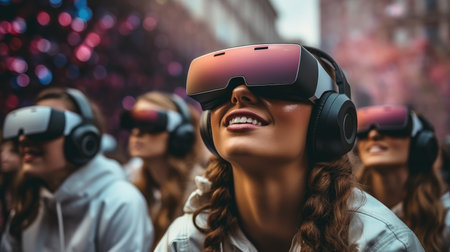 Female with Vr Glasses, Woman wearing virtual reality headset surrounding at Concert Festival.の素材