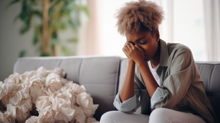 Mental health and frustrated anxiety at home, Stress, Woman has a headache and depression on sofa for sad memory.の素材