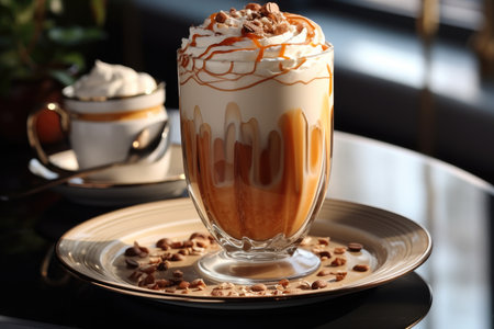A cup of coffee with foam in a glass.の素材