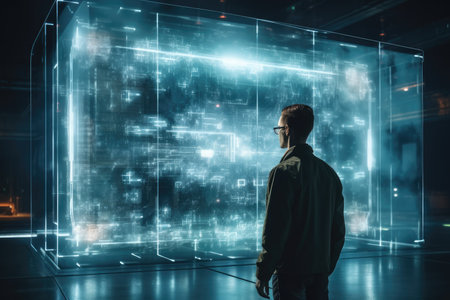 Human doing queries on large transparent computer screen, 5G communication, Modern, Sense of technology.の素材