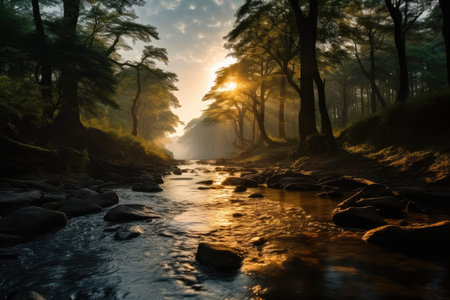 Trees and sun rays shining through with a river.