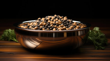Premium dog food in metallic bowl.の素材
