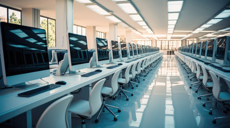 Classroom Computer Laboratory, Rows of computers align in a school lab, Engage in digital learning.の素材