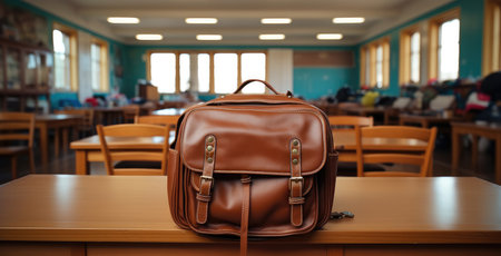 School bag placed on a desk in classroom.の素材