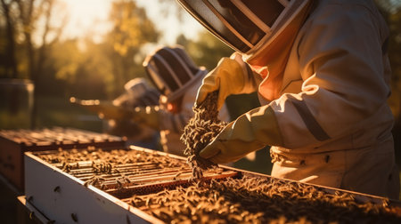 Beekeepers harvesting golden honey.の素材