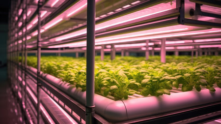 Greenhouse with a hydroponic system and pink LED grow lights.の素材