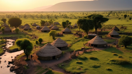 Aerial view. Traditional Maasai village at sunset time.の素材