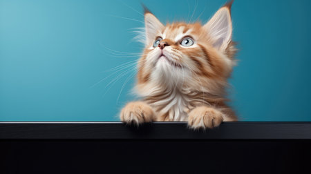 Cute banner with a cat looking up on solid blue background.の素材