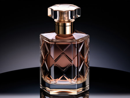 Beautiful bottle of perfume on a black background.の素材