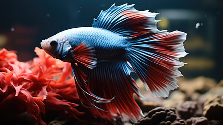Beautiful Betta fish with long fins, Red blue and white color scheme.の素材