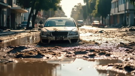 Flood, Flooded cars on on city street.の素材