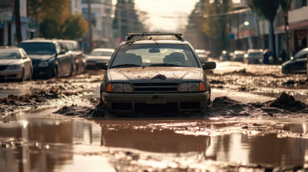 Flood, Flooded cars on on city street.の素材