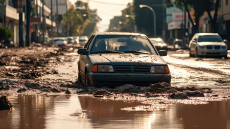 Flood, Flooded cars on on city street.の素材