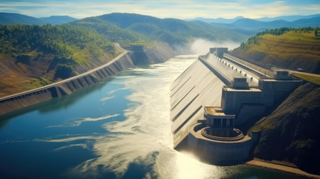 Hydroelectric Dam around mountain, Water discharge through locks.の素材