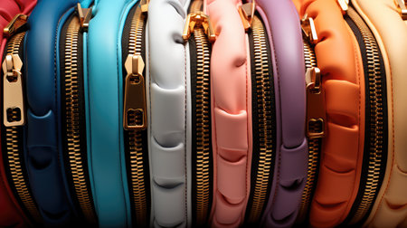 Close-up Multicolored zippers.の素材