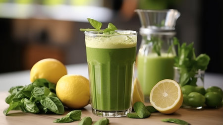Healthy green smoothie made out of fresh lemon on countertop.の素材