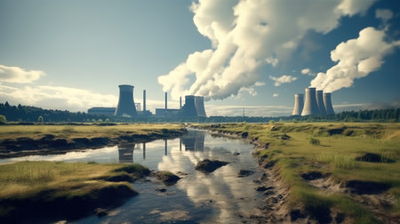 Nuclear power station with steaming cooling towers.の素材