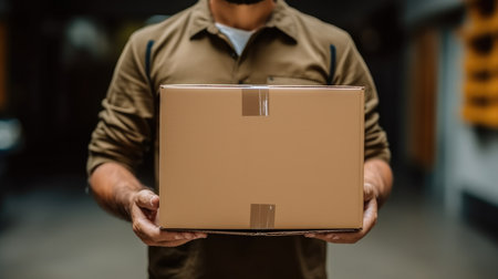 Courier holding cardboard box for delivery.の素材