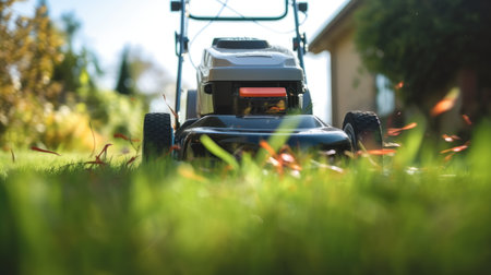 Man using a lawn mower in his backyard.の素材