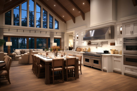 Modern kitchen farmhouse style, Tables and chairs with bar.の素材