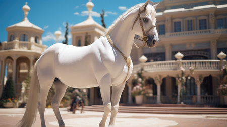 White horse with shiny fur standing outside a large mansion in sunny day.の素材