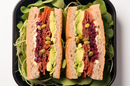 Sandwiches inside a lunch box on white background. top view.の素材