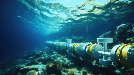 Oil pipeline underwater, Underwater pipeline for gas or oil transport.の素材