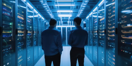 A server room scene with two male engineers talking about a problem with a computer.の素材
