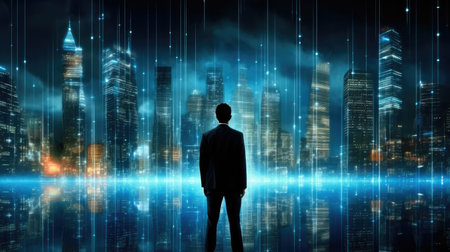 Businessman standing in cyberspace, Technology, big data and blockchain concept.の素材