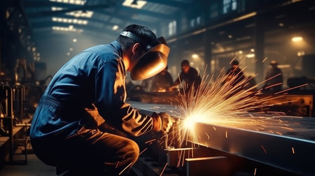 Industrial Worker at the factory welding.の素材