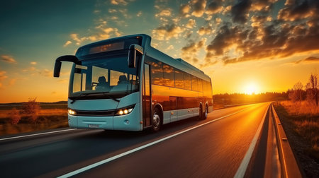 Tourist bus driving on highway.の素材