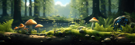 The forest with lush leaves, A few blue-spotted mushrooms. banner.の素材