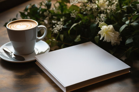 White soft thin book mockup with a coffee on a table.の素材