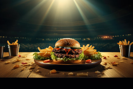 Burger on the winners podium in a well lit sports stadium.の素材