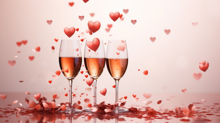 Champagne glass overflowing with red valentines heart confetti.の素材
