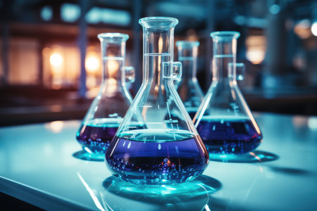 Laboratory testing equipment in glass beakers.の素材