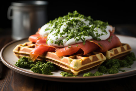 Wholesome spinach waffles topped with tomato and Greek yogurt for a homemade.の素材