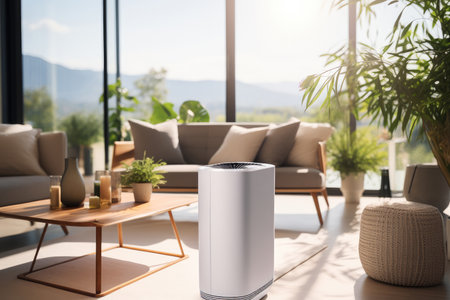 Air purifier in the center of a clean living room.の素材