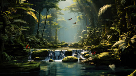 Beautiful peaceful rainforest with tropical birds and a creek running through itの素材