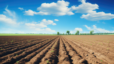 Furrows a plowed field prepared for planting crops in spring with clouds on blue sky in perspective.の素材