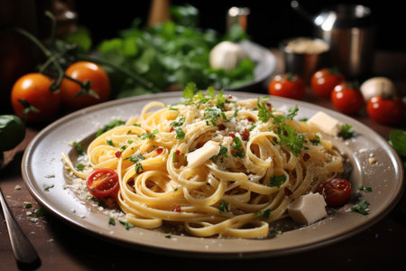 Bowl of pasta with cheese and parmesan sauce.の素材